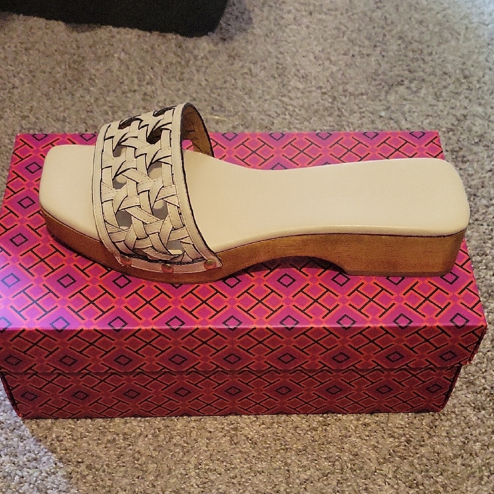 Tory Burch Cream and Brown Mules with Woven Pattern